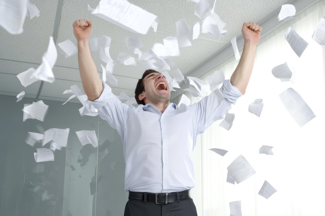 office celebration, tossing papers, business success, celebrating success, excited businessman, success, celebrating, businessman, excited, office, papers, achievement, joy, happy, work, ai generated