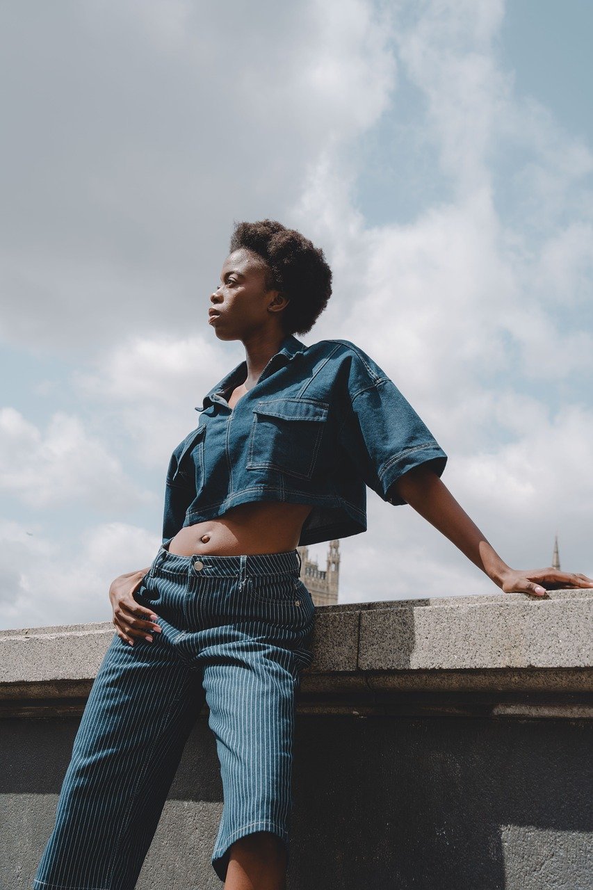 urban fashion, denim outfit, confident woman, street style, modern beauty, fashion editorial, female model, natural light portrait, city backdrop