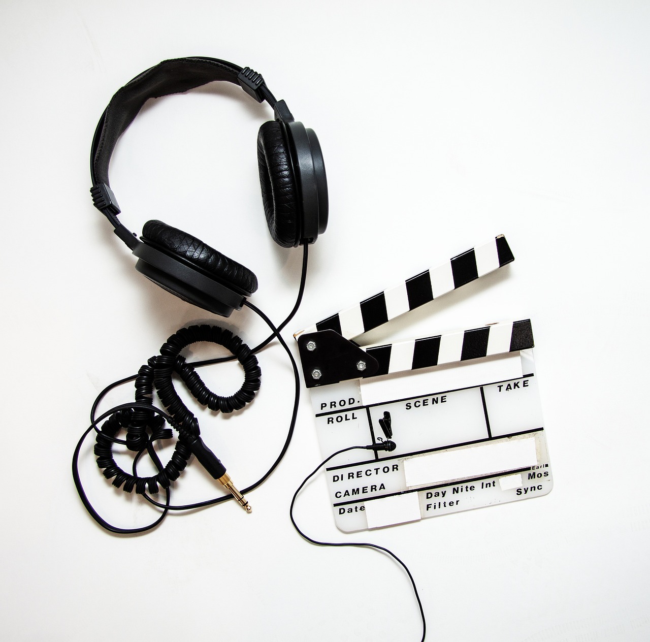 headphones, clapper, clapperboard, film, movie, video, cinema, equipment, production, studio, media, sound, video production