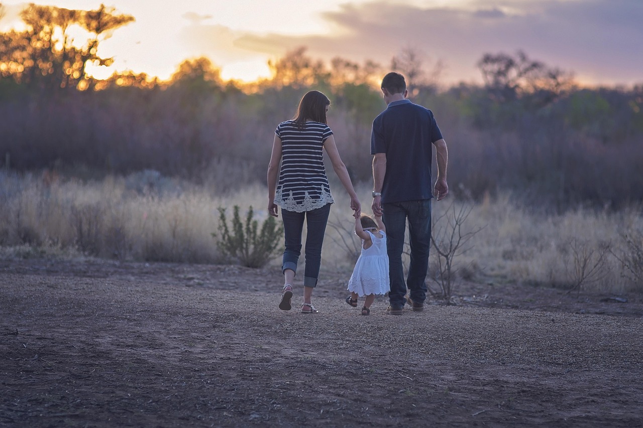 family, walking, countryside, sunset, field