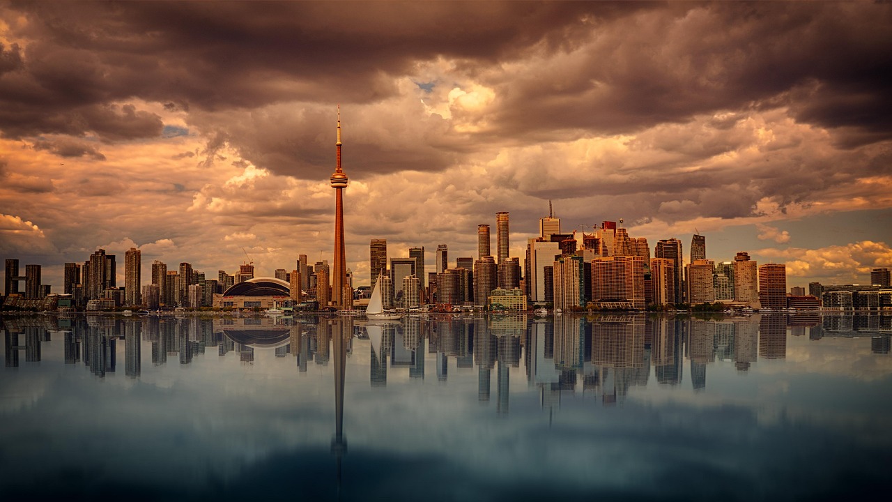 toronto, skyline, sunset, dawn, nature, panorama, canada, sky, clouds, skyscrapers, cityscape