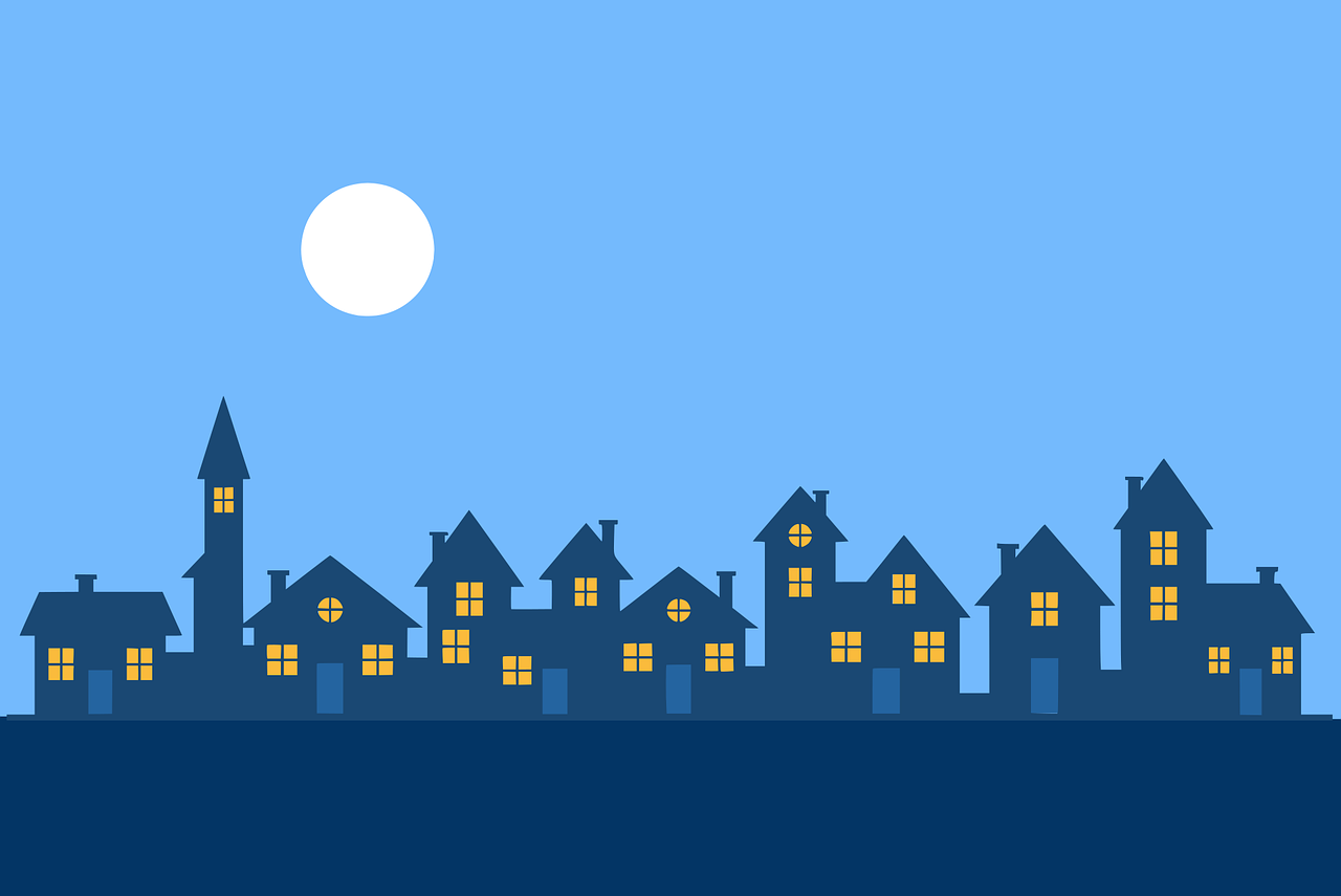 village, town, night, houses, home, community, silhouette, moon, city, buildings, residential, cityscape, dark, light, peaceful, street, architecture, urban, neighborhood, dwelling