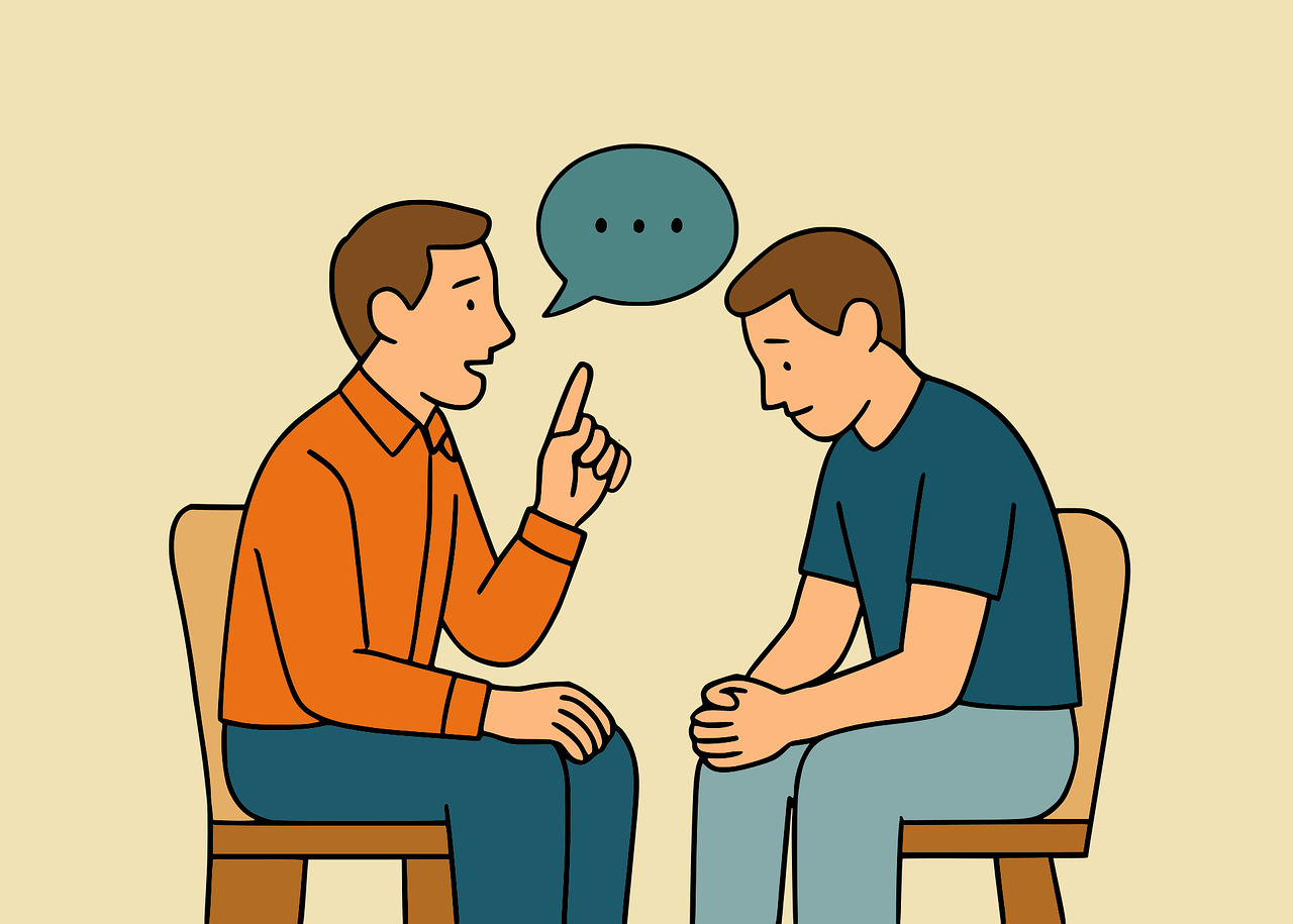 advice, conversation, discussion, communication, counseling, therapy, mentorship, talking, listening, support, guidance, men, sitting, chairs, speech bubble, cartoon, male, dialogue, interaction, relationship, problem solving, help