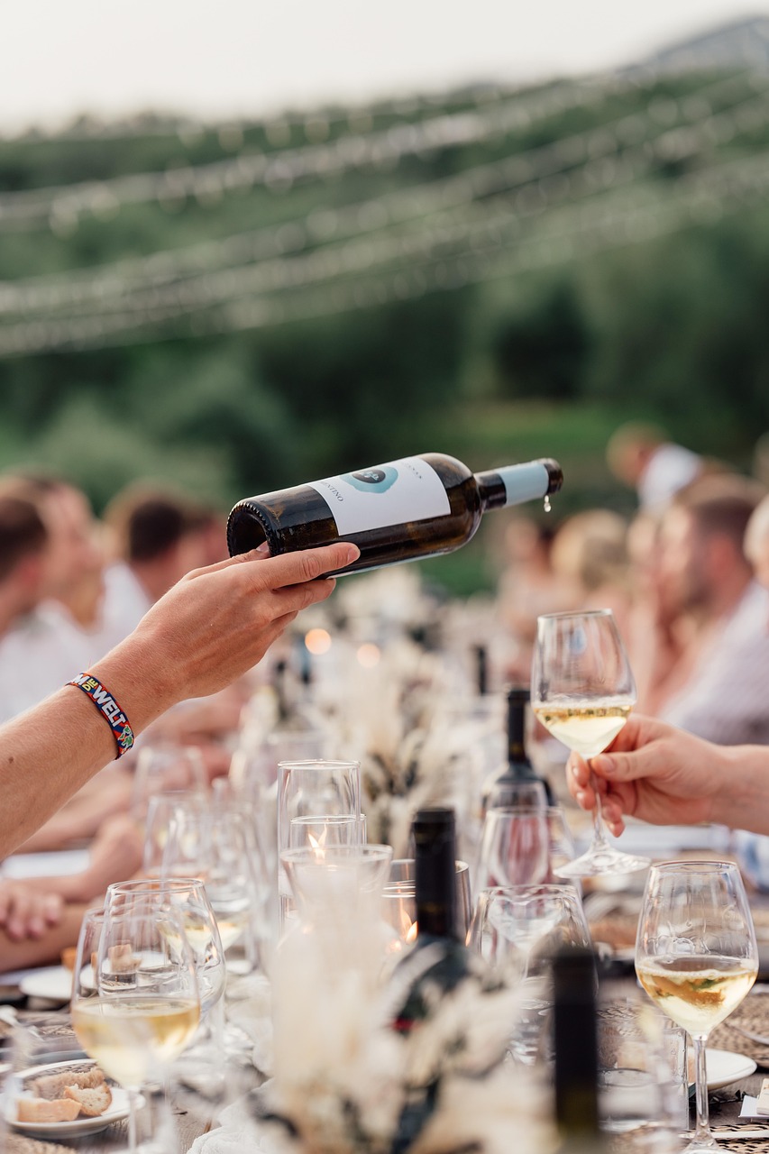 Home wine, wedding, party, vinery, white wine, long table, table, dinner, glass, pouring, drinks, people