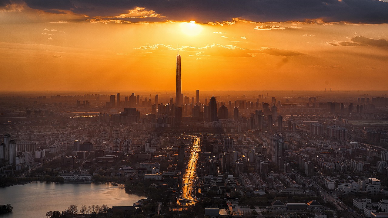 tianjin, sunset, city, aerial view, city view, skyline, cityscape, urban, urban landscape, skyscrapers, metropolitan, scenery, nature, twilight, tower, sun, tall, futuristic