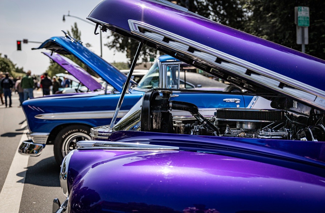 classic cars, vintage car show, purple car, blue car, chrome engine, open hood, automotive, restoration, retro cars, petaluma, street show, muscle car, american graffiti