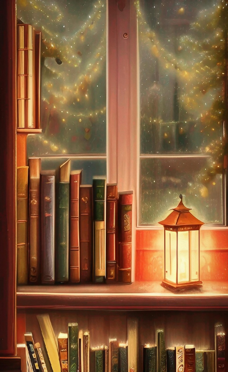 Home cozy book nook, bookshelves