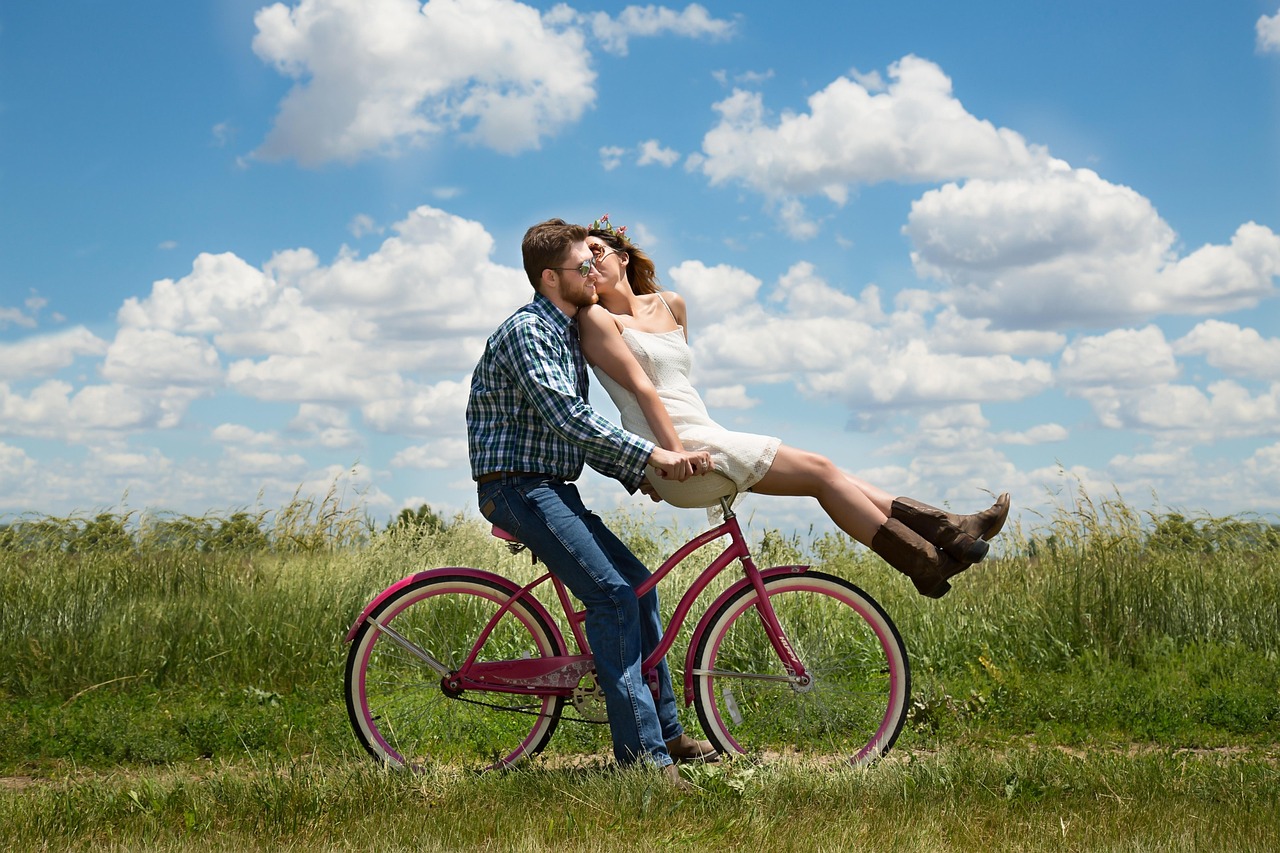service-3 happy valentines day, couple, romance, bike, bicycle, meadow, field, happy, romantic, kiss, affection, together, lovers, man, woman, relationship, young couple, love, outdoors, portrait