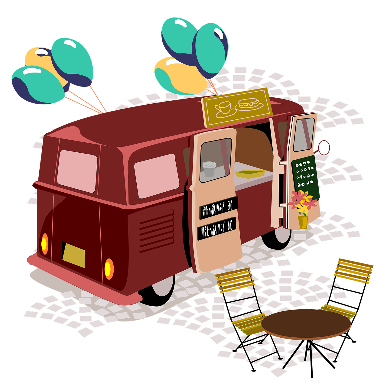 stalls, food truck, moving sale, cafe, outdoors, food truck