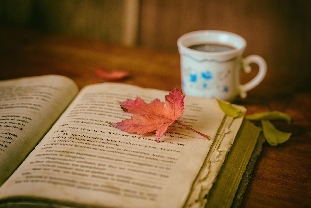 leaves, coffee, coffee cup, book