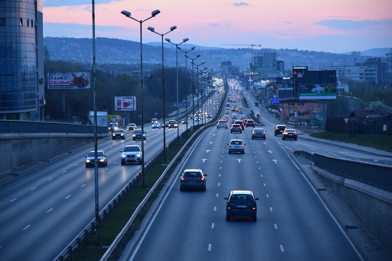 About highway, city, cars, traffic, road, urban traffic, urban, nature, twilight, sunset, dusk
