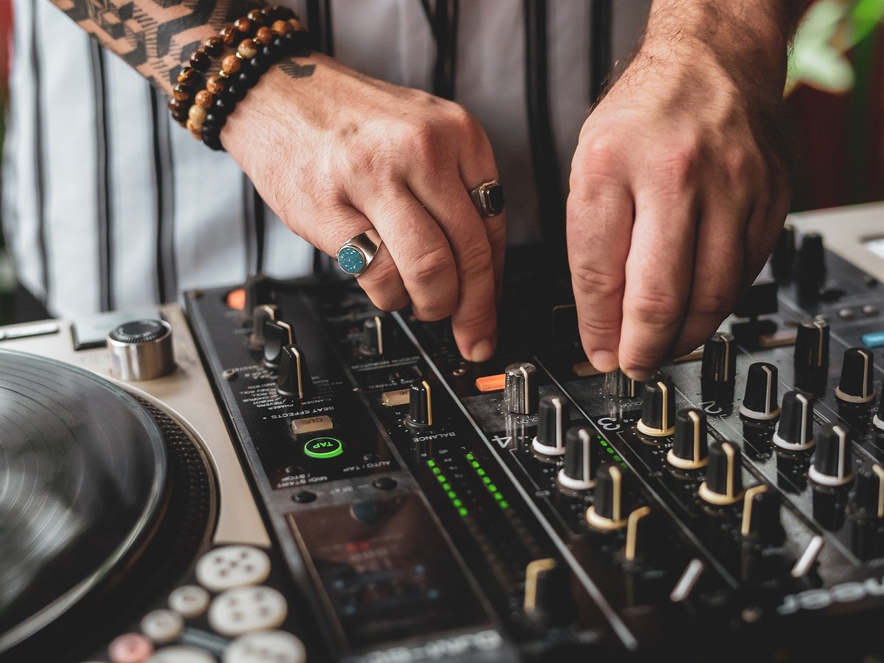 Home dj, pioneer, rings, hands, close up, tattoo, music, vinyl, record