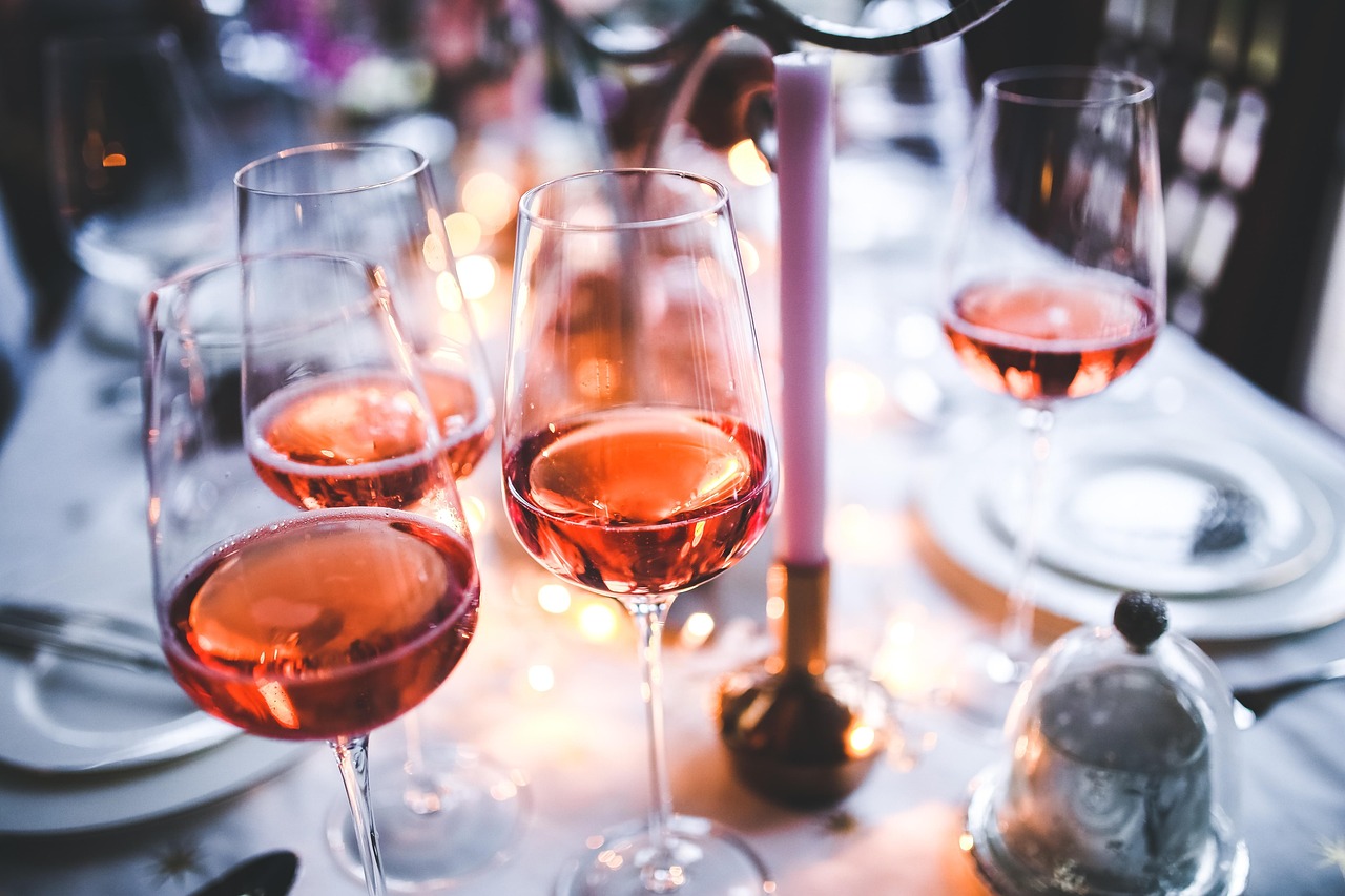 Amenities wine, rose, wine glasses, rose flower, table, evening, party, alcoholic drinks