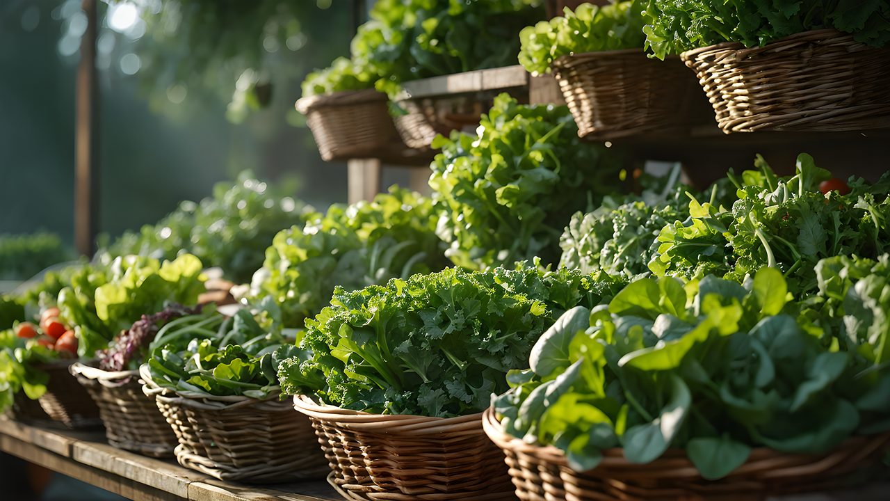 ai generated, salad, greens, organic, lettuce, spinach, arugula, fresh vegetables, salad display, baskets of greens, vegetable crates, farm-fresh, healthy eating, local produce, farmers market, organic produce, vibrant greens, salad ingredients, colorful vegetables, rustic display, green salads, farm-to-table, fresh produce, salad variety, eco-friendly, healthy lifestyle, gourmet salads, vegetable assortment