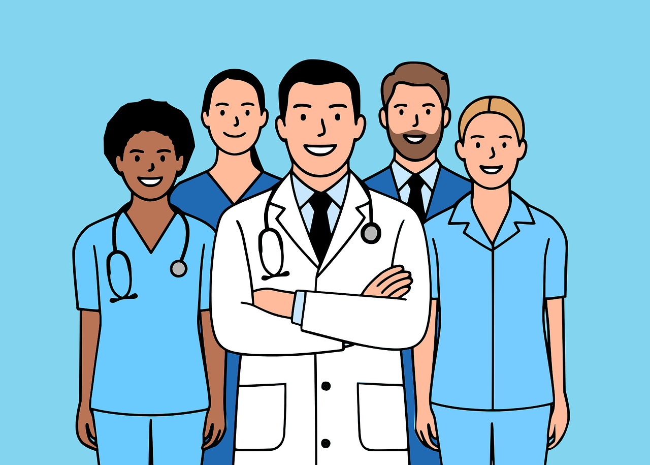 medical, healthcare, doctor, nurse, team, staff, group, professional, diverse, hospital, collaboration, clinic, healthcare team, stethoscope, white coat, standing, smiling, cartoon, unity, medicine, service