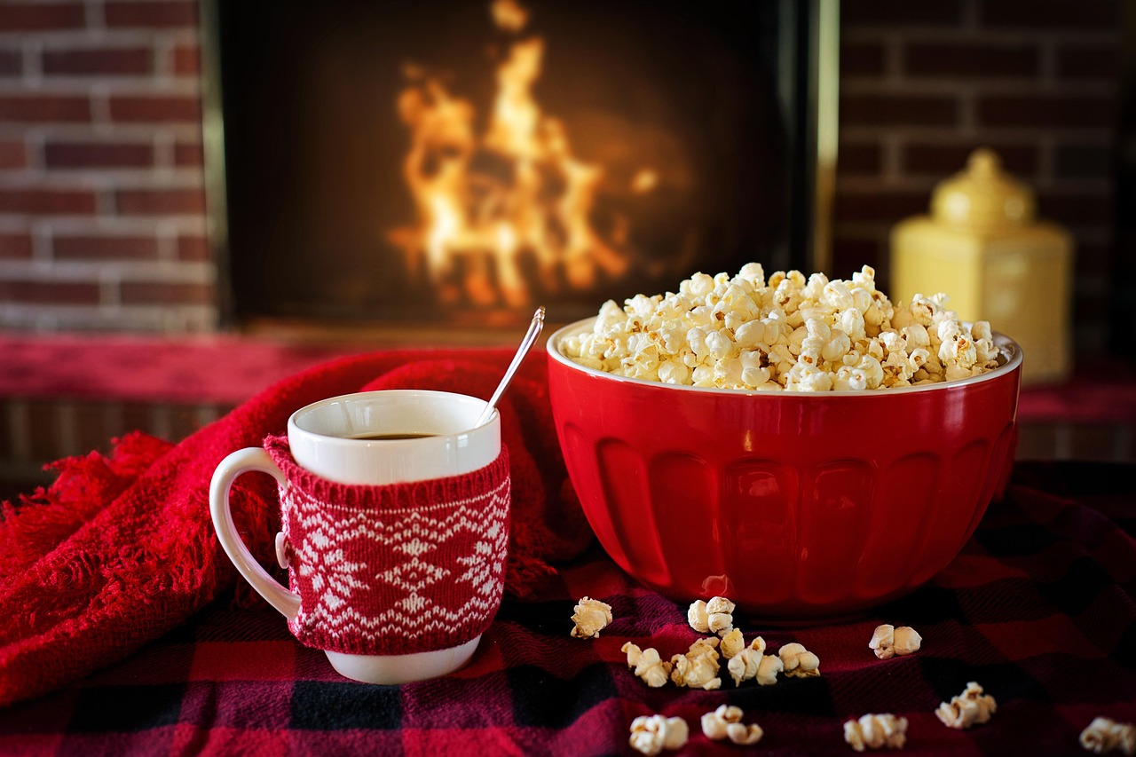 warm and cozy, popcorn, coffee, fireplace, cozy, warm, home, coffee cup, christmas, cold, fire, cup, comfort, comfortable, mug