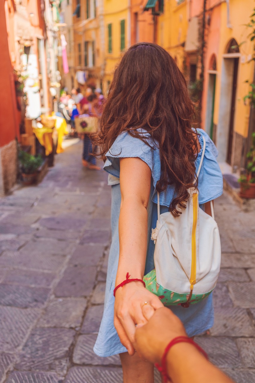 hands, couple, people, bracelet, bag, alley