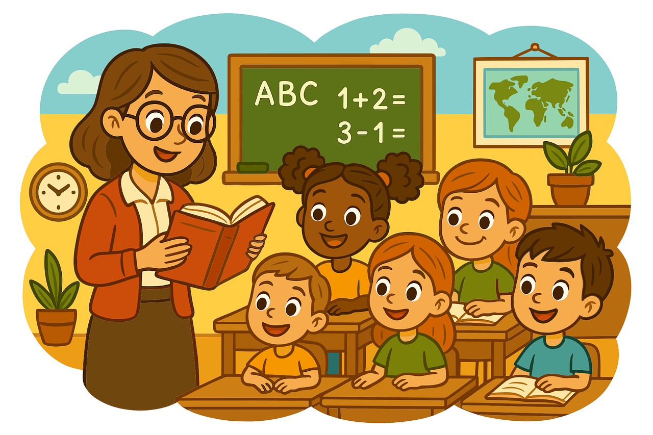 Plan-1.jpg teacher, classroom, students, kids learning, elementary school, primary school, happy children, cartoon teacher, reading book, chalk board, blackboard, math lesson, abc, education, school desk, learning together, classroom scene, school children, diverse students, knowledge, studying, teacher and students, back to school, school illustration, ai generated