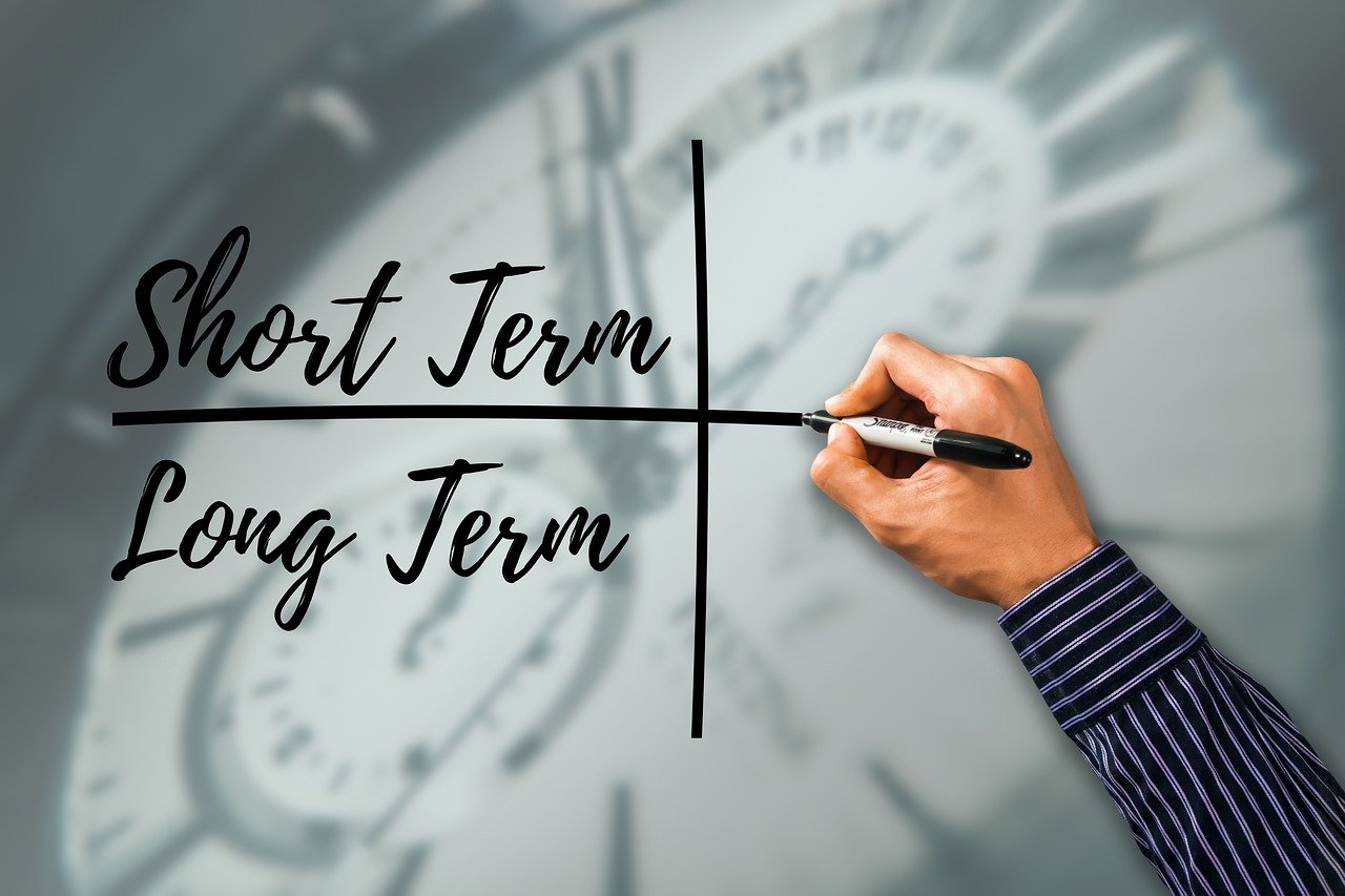 Home in the short term, in the long term, strategy, planning, business, hand, write, pen, clock, time, marketing, company, project, professional, work, plan