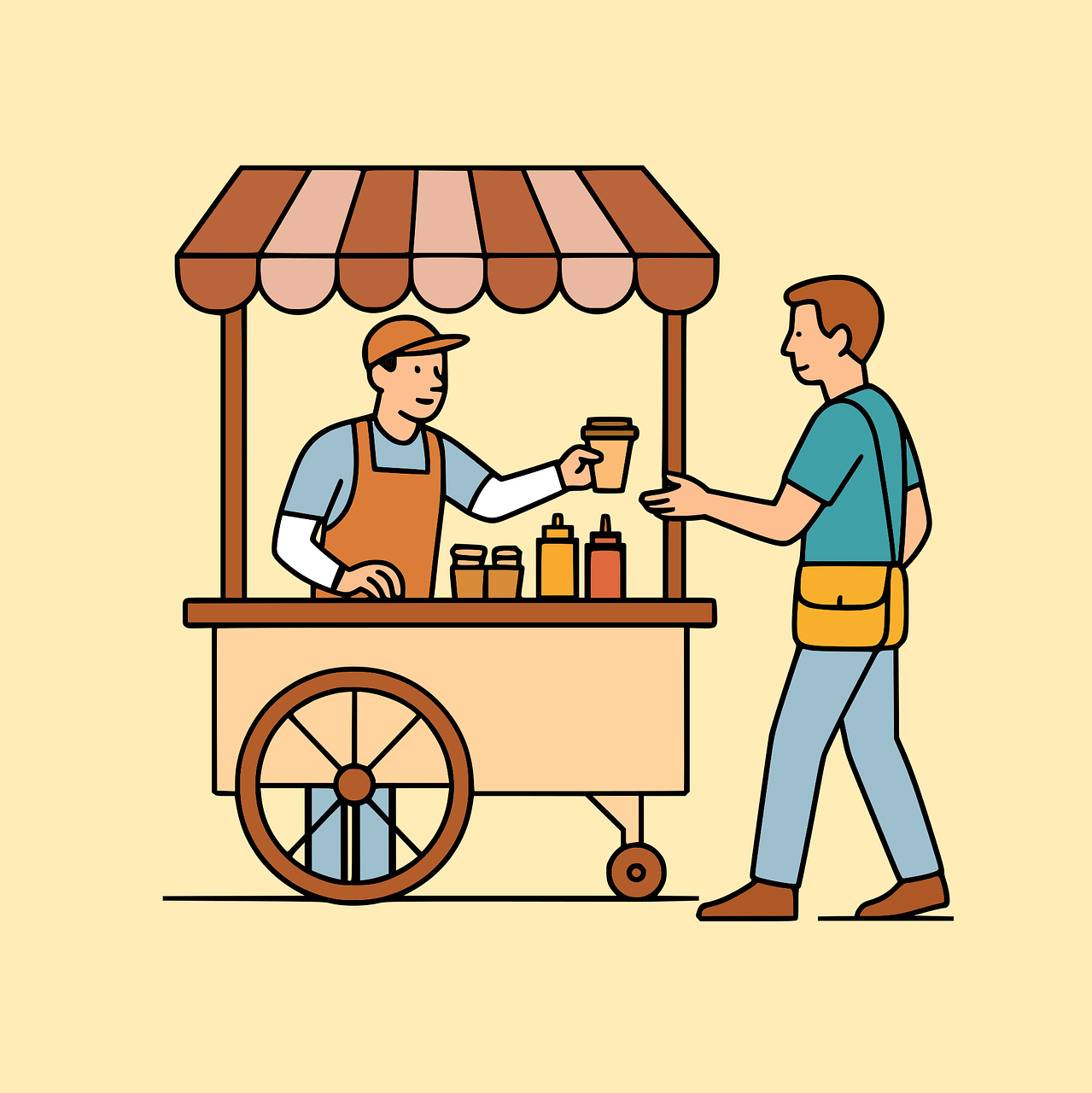 street food, food cart, selling, buying, customer, food, drink, sauce, vendor, condiments, transaction, small business, commerce, man, cartoon, service, retail, market, outdoor, fast food, snack