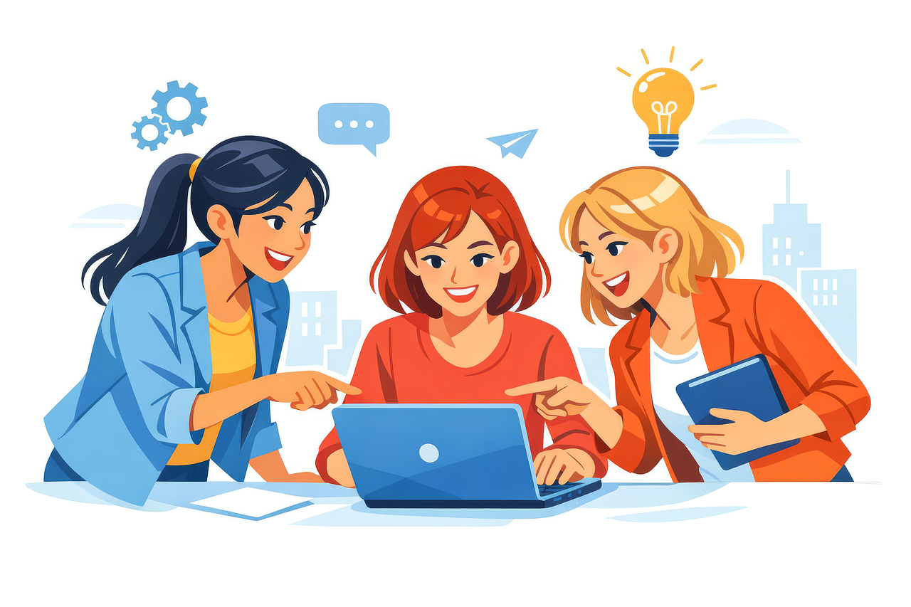 collaboration, technology, laptop, brainstorming, creativity, research, project, group, female, office, learning, digital, connection, ideas, communication, workspace, focused, innovation, startup, team, ai generated
