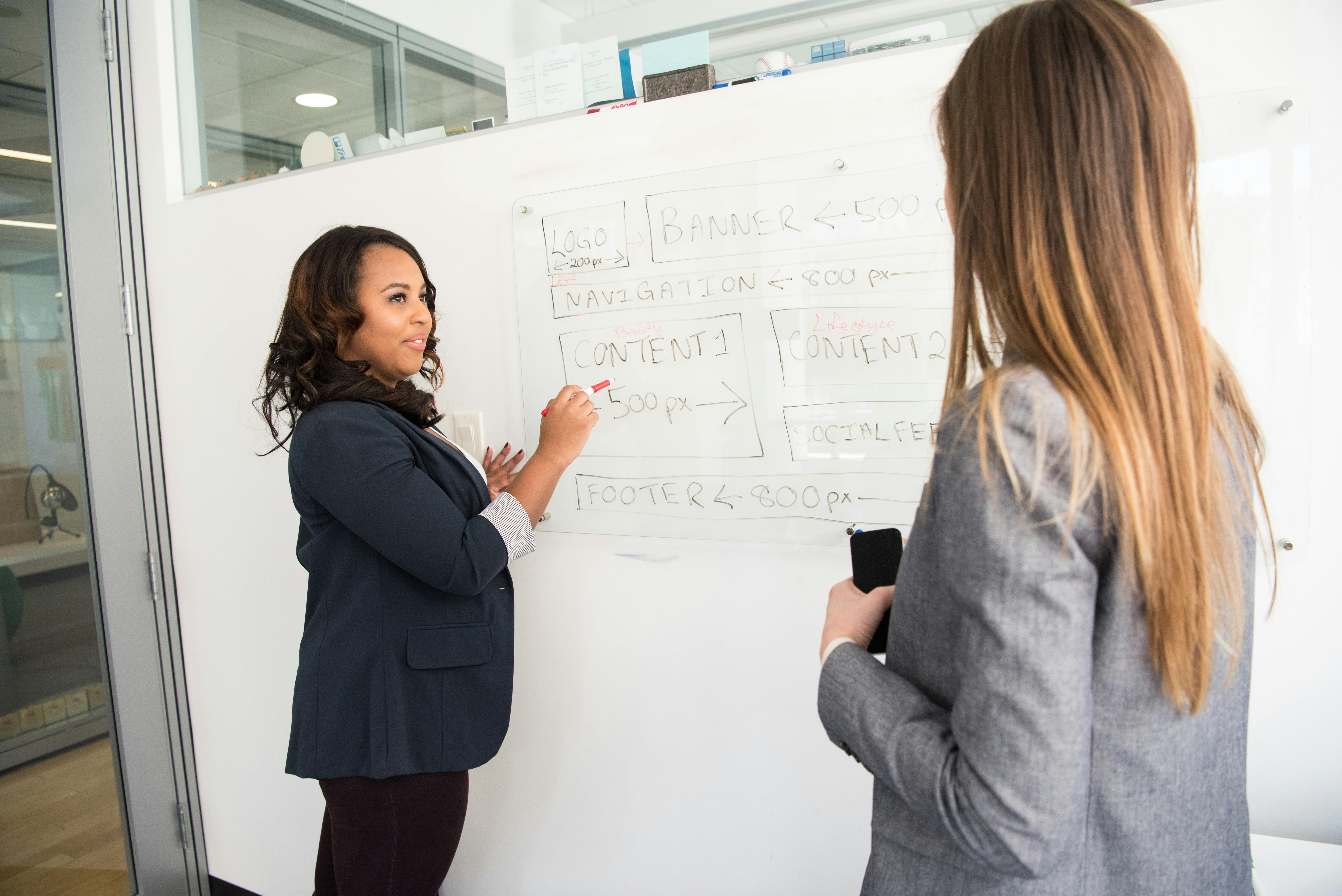 About Two women brainstorming in an office, using a whiteboard for project planning.